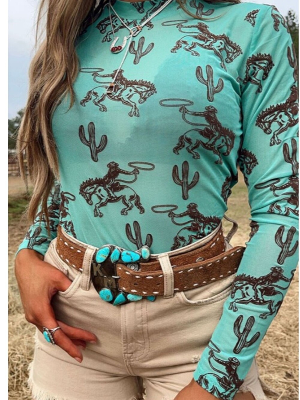 New Western Print Long Sleeve Sheer Top Teal
